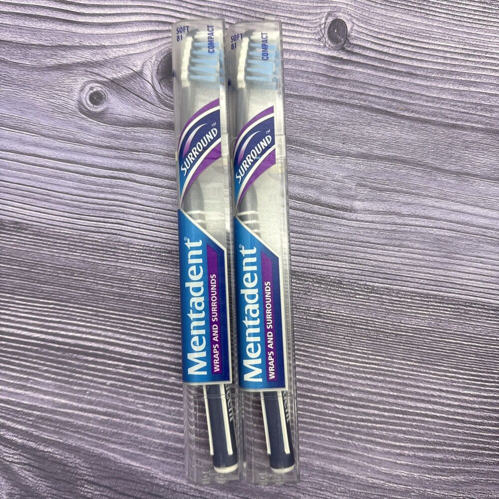 2 LOT Mentadent 81 Toothbrush Soft Compact Head Wraps & Surround Bristles BLUE